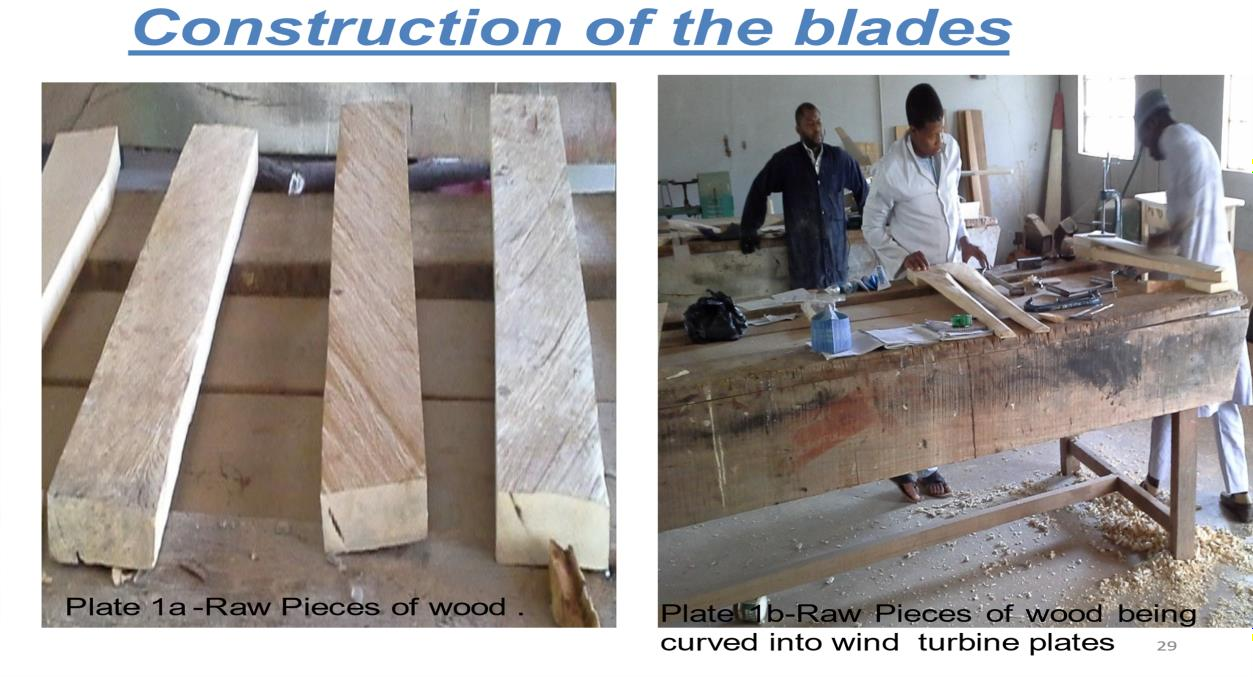 Wind turbine blades being shaped from raw timber in the Centre's workshop.